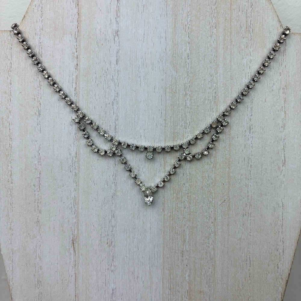 Vintage Rhinestone Statement Necklace silver tone
